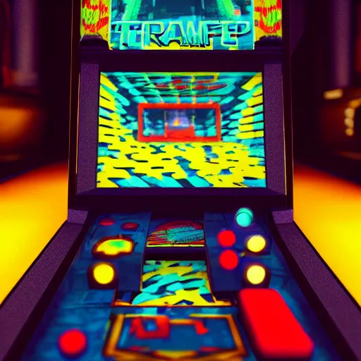 Image similar to 1990s arcade machine, octane render, unreal engine, digital art, Artstation, Trending on Artstation, cgsociety, Pinterest, 8k , close up to the screen, godrays, volumetric, reflections, cinematic, epic, accurate, coherent,