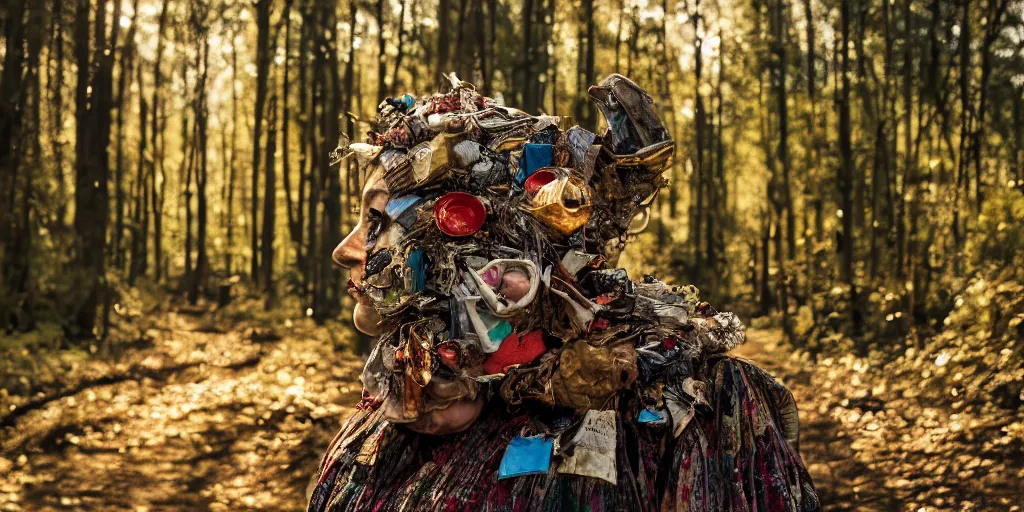 Image similar to a woman with a mask made of garbage and junk in a forest, golden hour, vogue magazine