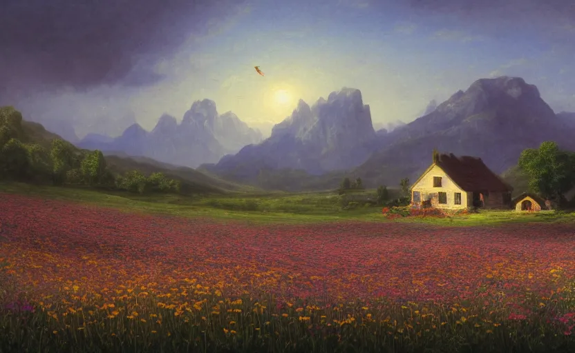Image similar to beautiful flower field with a cottage in the distance, close up shot, rocky, at dusk, distant mountains, 4k, rule of thirds, extreme detail, hazy, intricate ink illustration, surreal, surrealist, trending on artstation, cgsociety, hd, calm, complimentary colours, realistic lighting, by Albert Bierstadt, Frederic Edwin Church.
