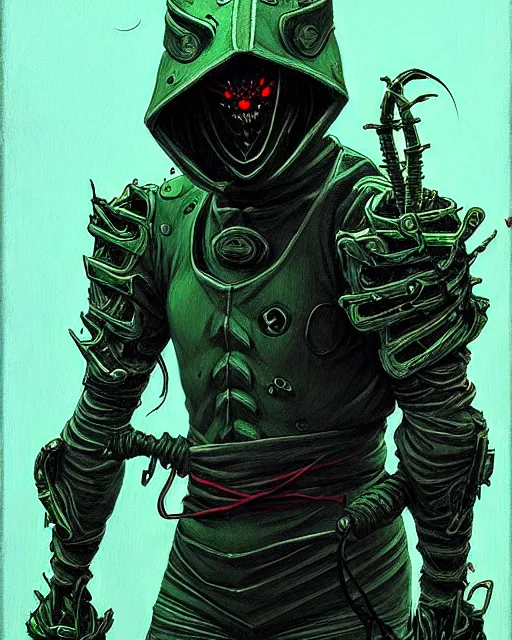 Prompt: genji the cyber ninja from overwatch, zombie ninja, character portrait, portrait, close up, concept art, intricate details, highly detailed, horror poster, horror, vintage horror art, realistic, terrifying, in the style of michael whelan, beksinski, and gustave dore