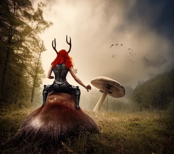 Image similar to a photo of an armored woman warrior redhead with antlers sitting on a giant mushroom that covers a whole village and reaches above the clouds by luis royo. intricate. lifelike. soft light. sony a 7 r iv 5 5 mm. cinematic post - processing