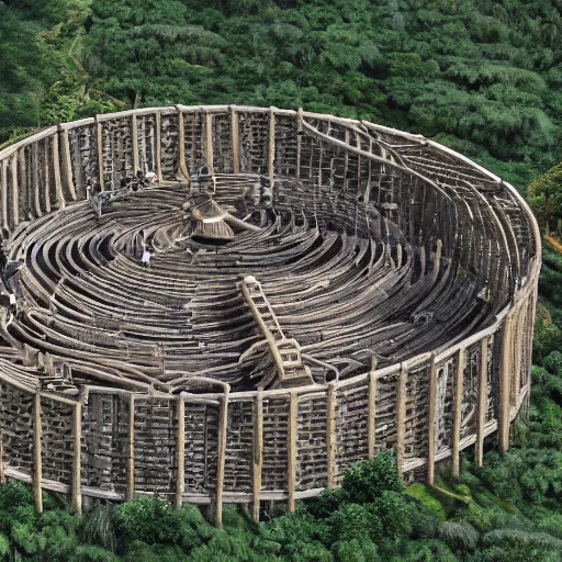 Prompt: Aerial establishing shot of circular wooden palisade with an orc-village inside