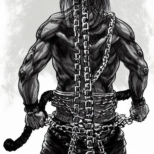 Image similar to A FULL BODY PORTRAIT FROM BEHIND OF TAKEZO VAGABOND ,THE MAN KEEPS A KUSARIGAMA AND IT IS WRAPPED IN CHAINS ,detailed, concept art, ink style , sketch