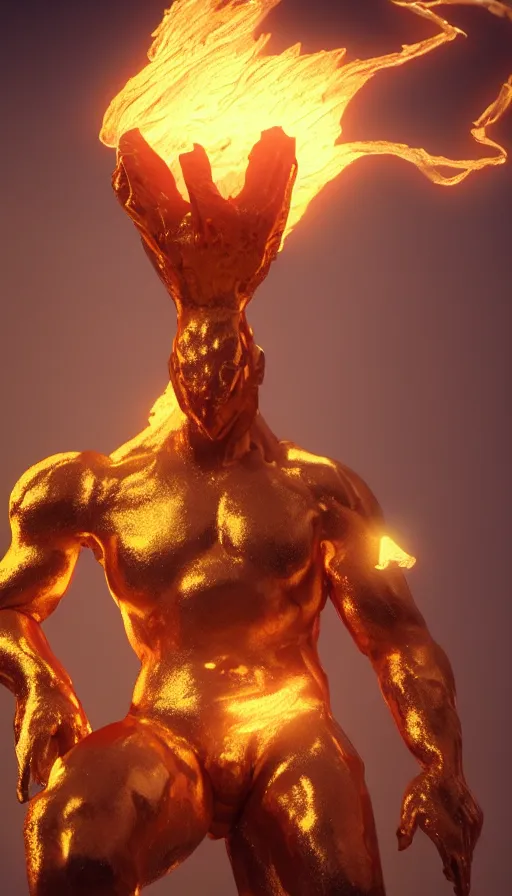 Image similar to a god made of golden fire, octane renderer, unreal engine, hyper realistic, volumetric lighting