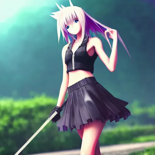 Image similar to beautiful anime girl in the style of final fantasy 7 with purple eyes, wearing a skirt and tanktop, perfect body, standing in the rain, high quality anime art, trending on artstation, 8K octane render, wallpaper