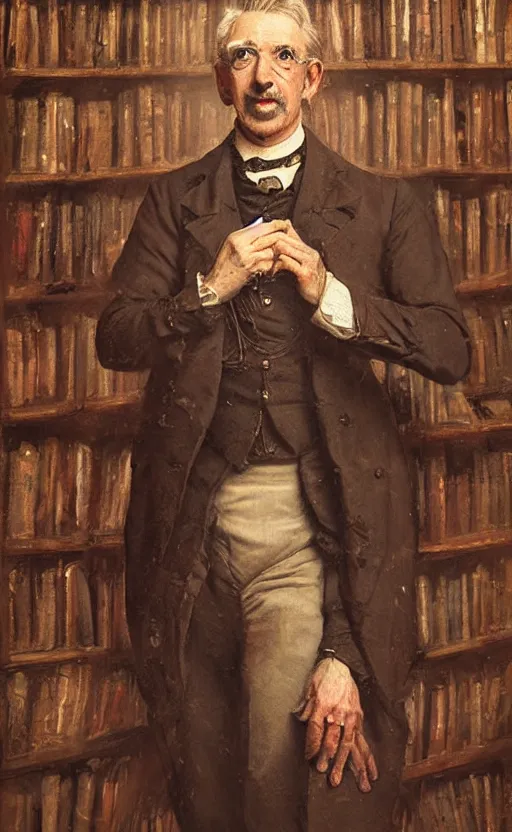 Prompt: portrait of a happy victorian gentleman in front of a bookcase, male, cheerful, detailed face, 19th century, highly detailed, cinematic lighting, digital art painting by greg rutkowski