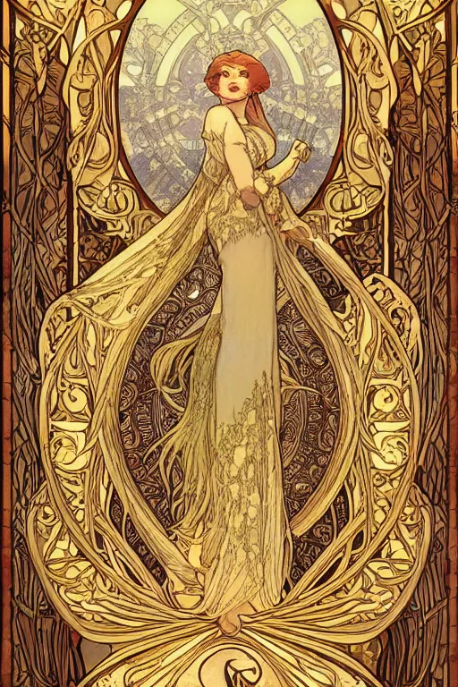 Prompt: full - body artwork, cattie - brie of mithril hall, andreas rocha, greg rutkowski. art nouveau neo - gothic sculpture by mucha. swirly intricate gilded linework background. gaudy colors, sharp edges. ultra clear detailed. 8 k. elegant. octane render