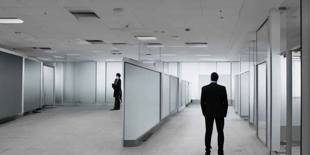 Image similar to a man standing in an office building, cubicles, cinematic, anamorphic lens, atmospheric, cinematography by greig fraser