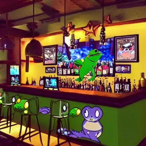Image similar to cute frog themed bar, pokemon anime scene,