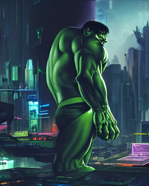 Image similar to cyberpunk sci - fi scene of the hulk using a computer interface, artstation, matt painting, very detailed, maximalism, ambient occlusion, volumetric light, atmospheric haze, unreal engine, hyper realism, realistic shading, cinematic composition, realistic render, octane render, detailed textures, photorealistic, wide shot