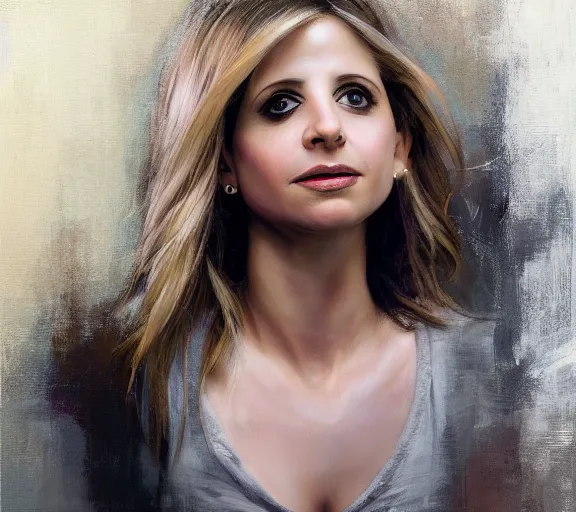 Image similar to a hyper-detailed portrait of Sarah Michelle Gellar; Sarah Michelle Gellar by Craig Mullins; oil on canvas; trending on artstation; 90mm; f/1.4