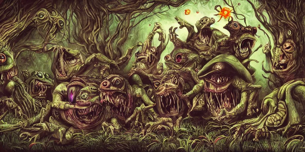 Image similar to a dark ritual performed by evil frogs from alice in wonderland, hyper - detailed, expression, energetic, horror, creepy, scary, digital art