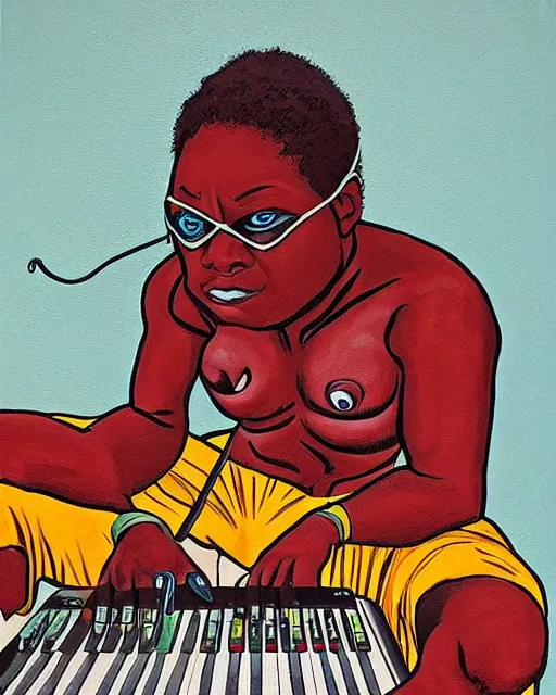 Image similar to an African cyclops (from x-men) playing an Akai MPC 2000XL, colourful painting by Toni Toscani, in the style of 'Woman in Brown Pants' (2018)