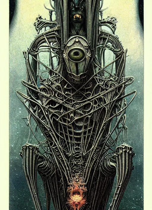 Image similar to symmetrical tarot card, H.R. Giger art, the blind oracle of cold biomechanics, detailed, intricate, elegant, cgsociety, haunting, luxurious, ominous, matte painting, cinematic, Brian Froud, Yoshitaka Amano, Hiroshi Yoshida, Wayne Barlowe