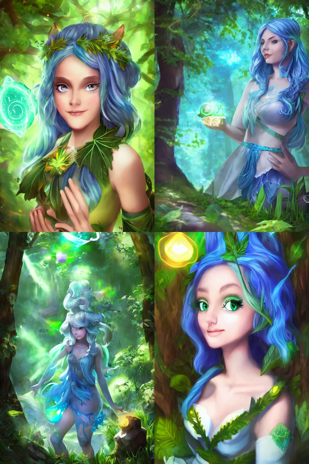 Prompt: an cute female fey in the forest wearing leaf dress, blue hair emerald eyes and sunshafts, ultrarealistic, beautiful, magical, soft lighting 8k, hearthstone style, by giotto