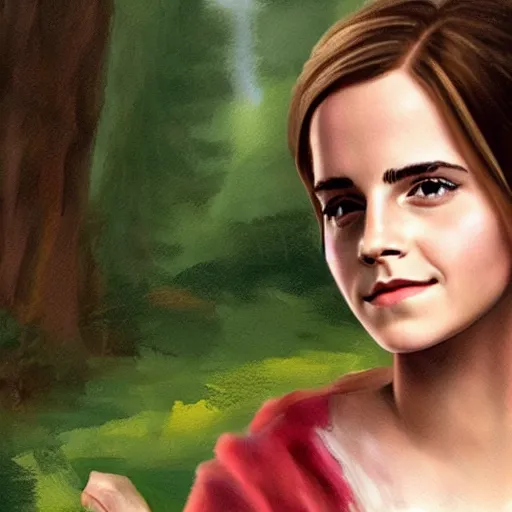 Image similar to tucking a cold emma watson into bed, wholesome, in the style of bob ross painting