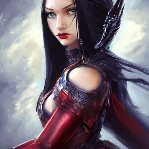 Prompt: fantasy woman, long black hair, red armor, blue eyes, highly detailed, perfect facial detail, beautiful, elegant, sharp focus, depth of field, ambient occlusion, high fantasy, style of artgerm, rutkowski, giacometti,