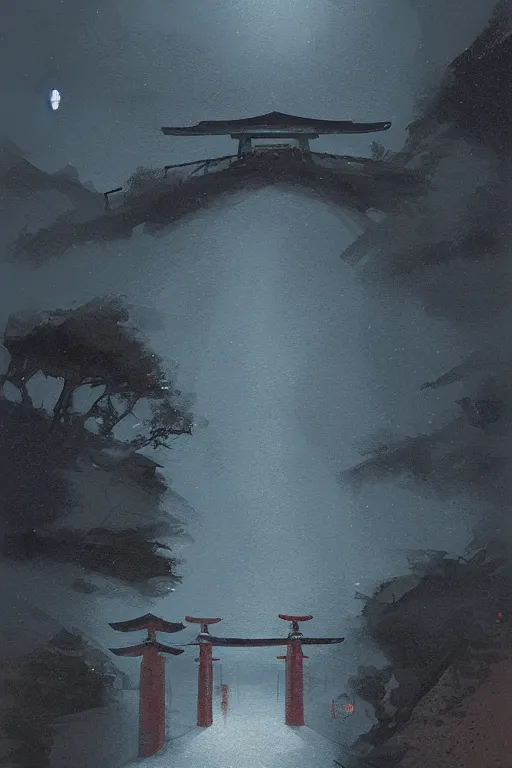 Image similar to Japanese Torii in a moutain ,night , by Grzegorz Rutkowski, concept art