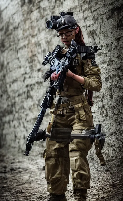 Image similar to an escalating violent firefight, highly detailed, high resolution, cosplay photo, stunning, girls frontline style, bokeh soft, 100mm, trending on instagram, by professional photographer, realistic human anatomy, real human faces, realistic military carrier, soldier clothing, modern warfare, realistic weapon, shot with a arriflex 35 ii, low saturation, small human eyes, running pose, maid outfit