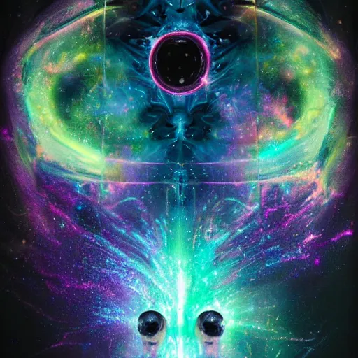 Image similar to cosmo link between two beings in love, iridescent glitter liquid metal, space, nebula, marble, dark black background, neon glow, by mohrbacher and dali -