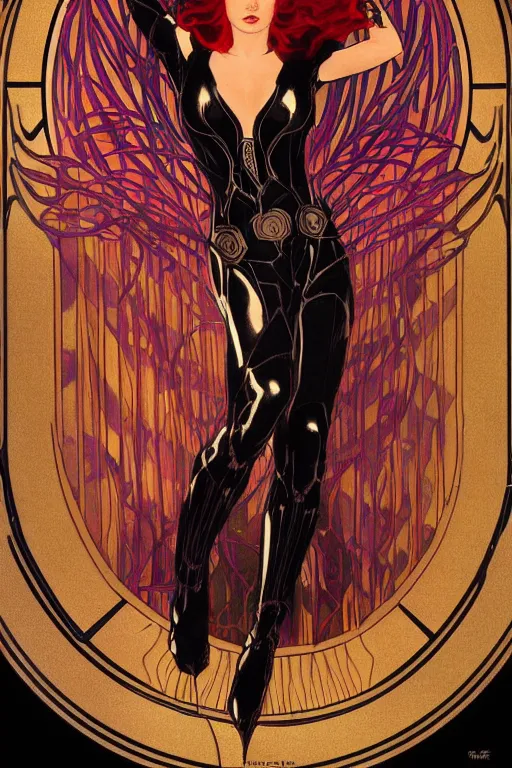 Prompt: a dramatic ethereal epic painting of Black Widow | tarot card, art deco, art nouveau, realistic | dramatic lighting | by Dresden Codak, by Mark Maggiori and Alphonse Mucha | trending on artstation