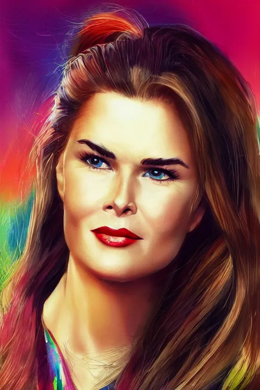 Prompt: mix of beautiful young maria shriver, mariel hemmingway, brooke shields, nicole kidman and elle macpherson as a snake, thin lips, hair tied up in a pony tail, dark blonde hair, colorful, artstation, cgsociety