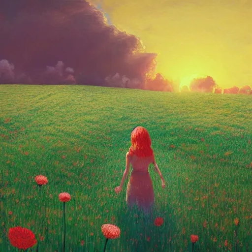 Prompt: giant red carnation head, full body, girl walking in the middle of a field with flowers, surreal photography, hills, sunrise dramatic light, impressionist painting, colorful clouds, digital painting, pointillism, artstation, simon stalenhag