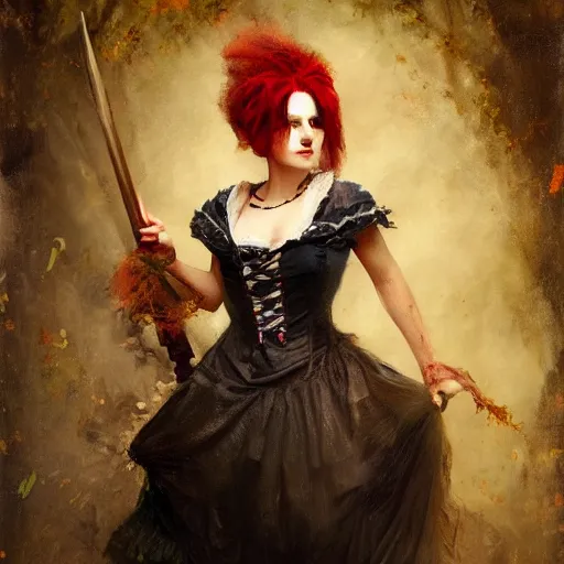 Prompt: Solomon Joseph Solomon and Richard Schmid and Jeremy Lipking victorian genre painting portrait painting of a happy young beautiful woman punk rock goth girl german french actress model pirate wench in fantasy costume, red background-n 9