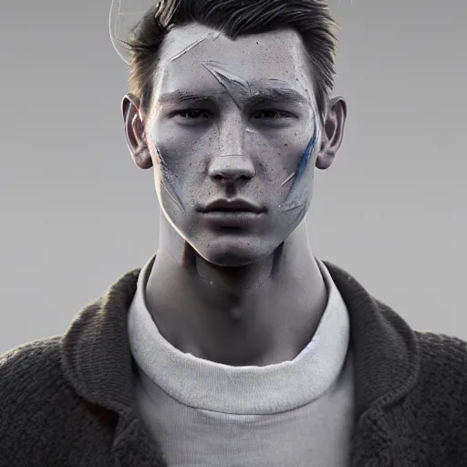 Prompt: portrait of a male model with a scar over his eye, by Tooth Wu, wlop, beeple, dan mumford. octane render, trending on artstation, greg rutkowski very coherent symmetrical artwork. cinematic, hyper realism, high detail, octane render, 8k