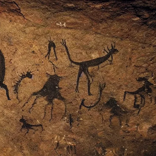 Image similar to A photograph of a prehistoric cave painting, depicting a UFO sighting