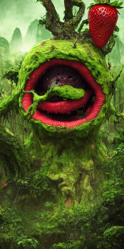 Prompt: an angry smiling strawberry with purple eyes, surrounded by a green forrest, moody, lovecraft, giger, ridley scott, zack snyder, Fenghua Zhong, realistic cinematic lighting, establishing action shot, ultra detailed, hyper realism, photo, octane render