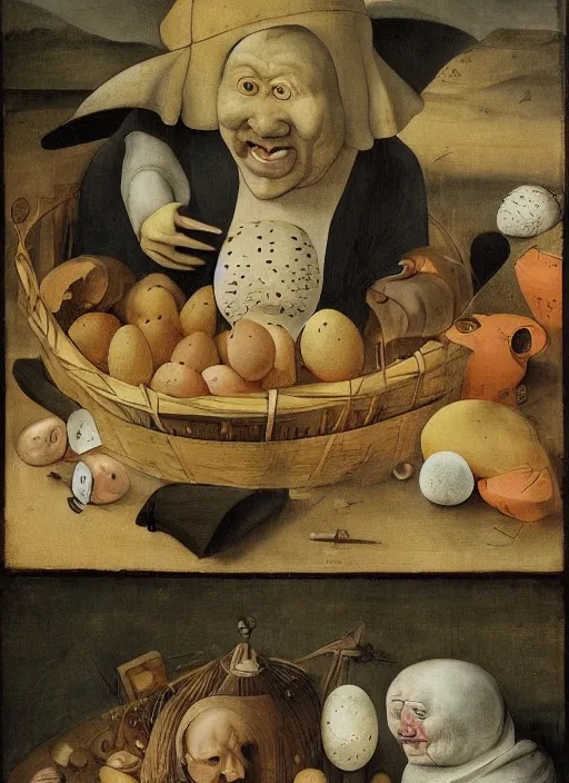 Image similar to carton of gregs'eggs with silly round humpty dumpty jack black facial expressions, realistic, by hieronymus bosch and pieter brueghel