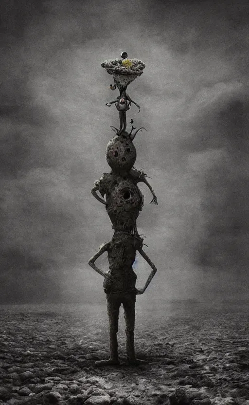 Image similar to spongebob squarepants in style of zdzisław beksinski, standing in wasteland, horror art, creepy, desolate, spongebob, spongebob, spongebob, spongebob