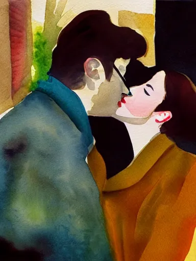 Image similar to water color painting, artwork by saul leiter, of a solo individual portrait of a guy and a girl kissing, dapper, simple illustration, nostalgic, very realistic, full of details, trending on artstation