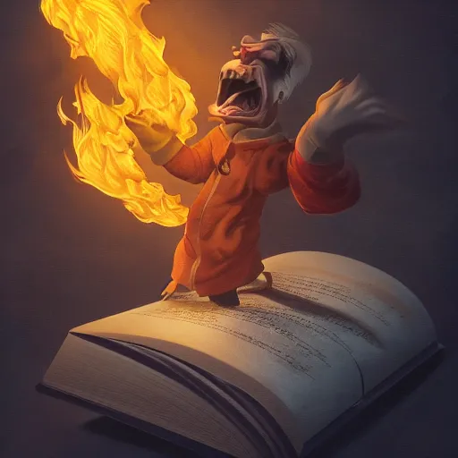 Prompt: digital artwork of angry reader using a flametorch against a book, action, intense, hyperdetailed, artstation, cgsociety, 8k