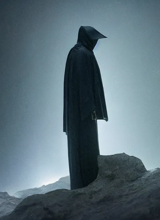 Image similar to dark figure wearing black robe with subtle trim gold accents hooded skull cyberpunk bladerunner 2049 movie still (2017) Wayne Barlowe and Greg Rutkowski
