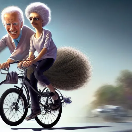 Image similar to Hyper realistic portrait of Joe Biden riding a bicycle made of wonderfully fragrant long flowing hair with Lisa Simpson sitting on the handlebars, Cinematic lighting, ultra super good realistic 3D render by Gerald Brom and James Jean, Trending on Artstation, I can't believe how detailed this is, 8k, post processing, sharp focus.