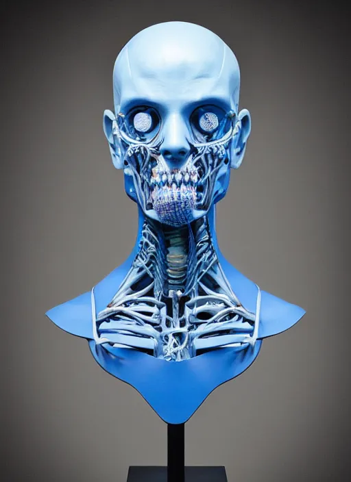 Image similar to a bust sculpture of anatomical detailed cyborg, blue blood, horror, ceramic base, orthographic, studio lighting