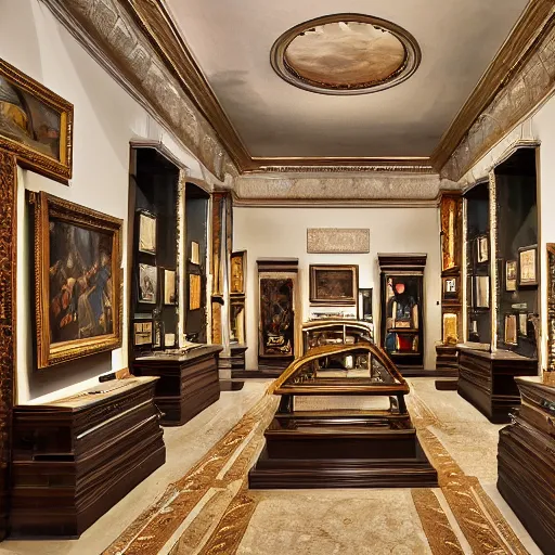 Prompt: A great display room filled with artistic treasures lost to time, ultra-high definition, 4K, museum quality photo