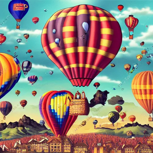 Image similar to a hot air balloon invasion by many ninjas, fiasco, hyper realistic, detailed, ninjas and balloon in foreground