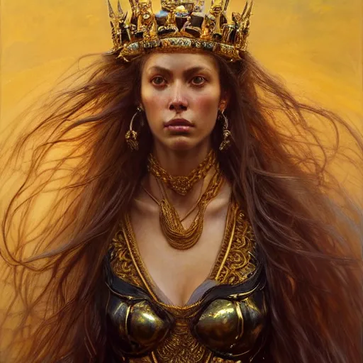 Image similar to highly detailed portrait of a majestic lioness queen in the form of a beautiful woman. d & d. art by donato giancola, eugene delacroix, ruan jia, martin schoeller. trending on artstation, intricate details, energetic composition, golden ratio, concept art, illustration, elegant art, global illuminaition