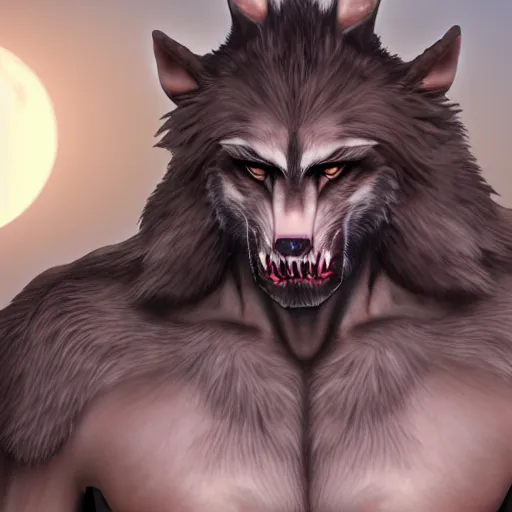 Image similar to man transforming into a werewolf at night, full body, anime style, hyper detailed, 8 k, unreal engine, realistic brown fur, full moon background