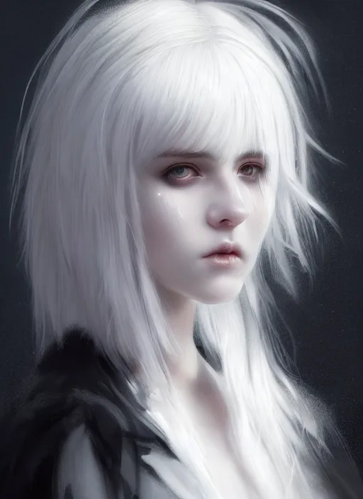 Image similar to portrait of white teenage girl, normal face, white bangs, mall goth, cyberlox, black and white hair, bangs, fluffy bangs, intricate, elegant, highly detailed, digital painting, artstation, concept art, sharp focus, smooth, illustration, art by wlop, mars ravelo and greg rutkowski