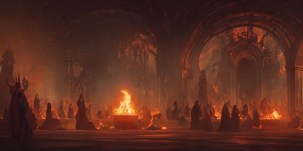 Prompt: ultra realistic, artstation, concept art, natural lighting, by artgerm and greg rutkowski and alphonse mucha and wlop, demons, fire, hell interior with surrounded archways. rendered in octane render with photorealistic lighting, 8 k, hd