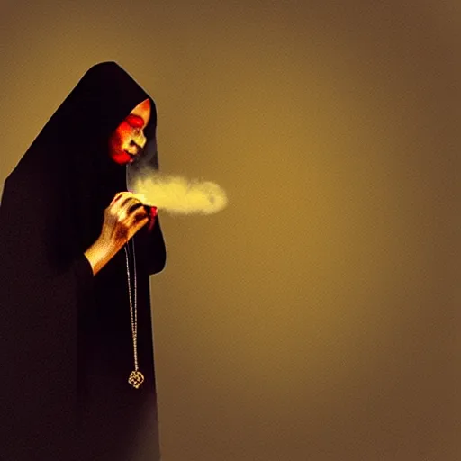 Prompt: a black nun wearing shiny jewelry, she's smoking a joint and puffing a lot of smoke, by Beksinski, lens flares, minimalistic background