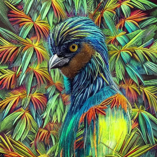 Prompt: mystical folk birdhuman character on a tropical forest, realistic proportions, hyper realism, mystic painting, glitch art, poster art, japanese design