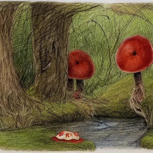 Image similar to illustration of a wooded scene with a small stream in the distance and a red mushroom in the foreground, coloured pencil drawing, highly detailed, beatrix potter