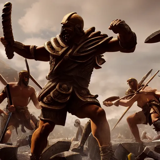 Prompt: A spartan man fighting Athenians in a battlefield, award winning, trending on artstation, unreal engine