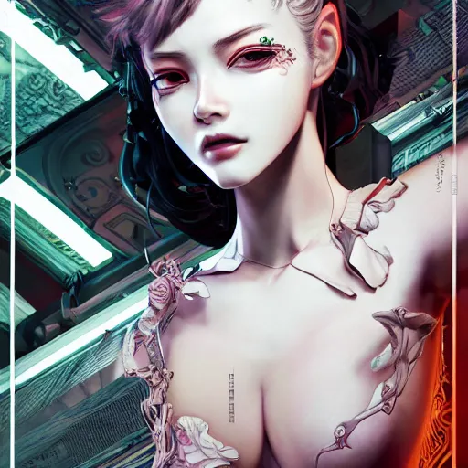 Image similar to the portrait of an absurdly beautiful, graceful, elegant, sophisticated, fashionable cyberpunk gravure idol, an ultrafine hyperdetailed illustration by kim jung gi, irakli nadar, zhong lin, intricate linework, bright colors, collage, porcelain skin, unreal engine 5 highly rendered, global illumination, radiant light, detailed and intricate environment