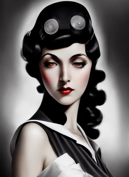 Prompt: high angle photo of a dark haired woman from 2 0 s decade of xx century with robotic eyes, gloomy atmosphere, film noir realistic, sharp focus, 8 k high definition, insanely detailed, intricate, elegant, art by stanley lau and artgerm